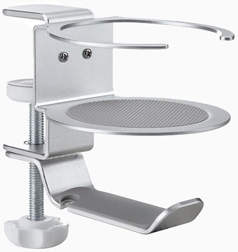 Desky Desk Drink & Headphone Holder &ndash; Clamp-On Dual Cup Holder with Headset Hanger, under Desk Mount, Space-Saving Steel Organizer for Gaming & Office Setup - Space Grey