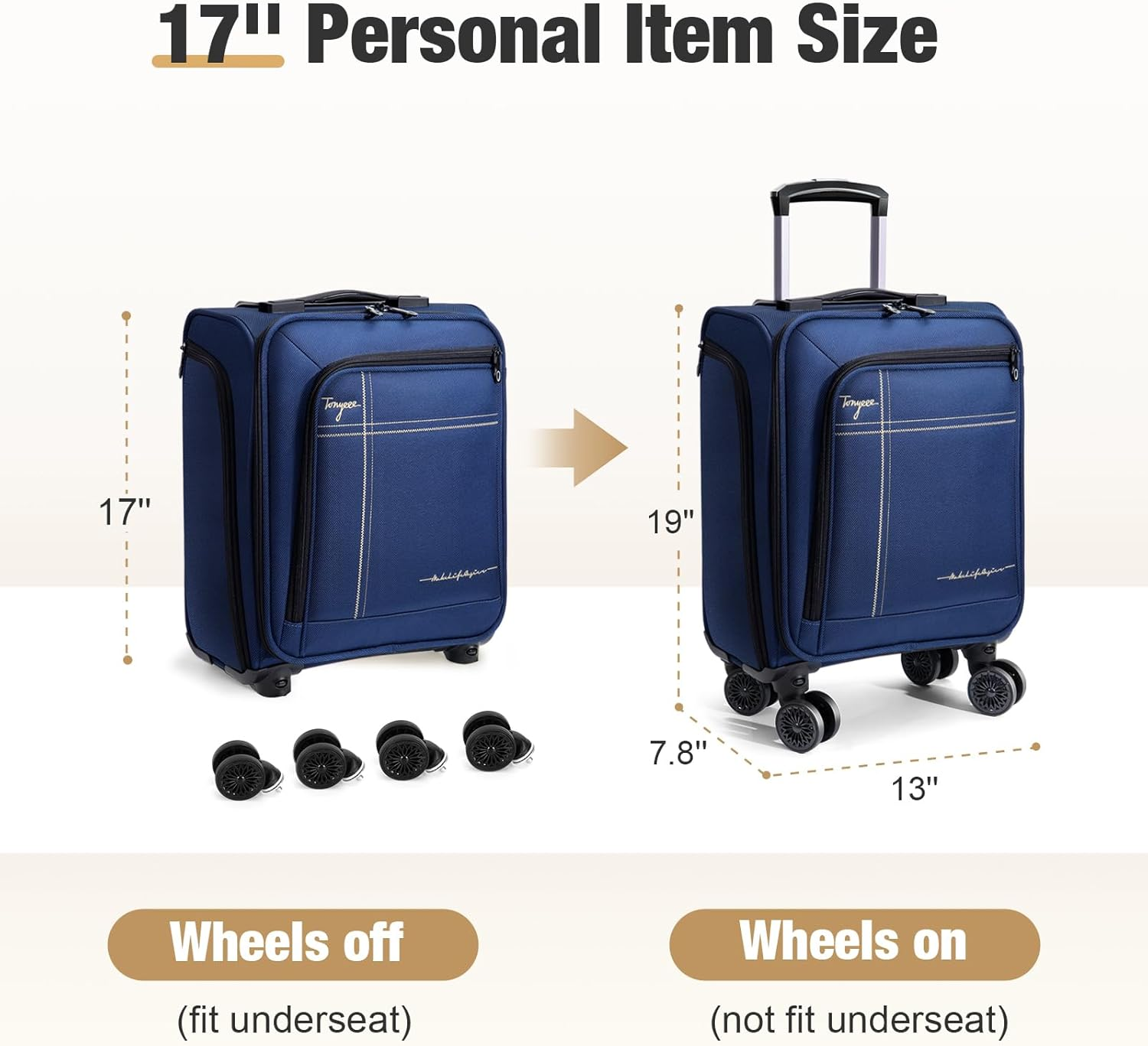 Tonyeee 17 Inch Underseat Carry on Luggage with Removable Wheels, Blue, 17 Inch_Underseat, Underseat Carry on Luggage with Removable Wheels image number 7