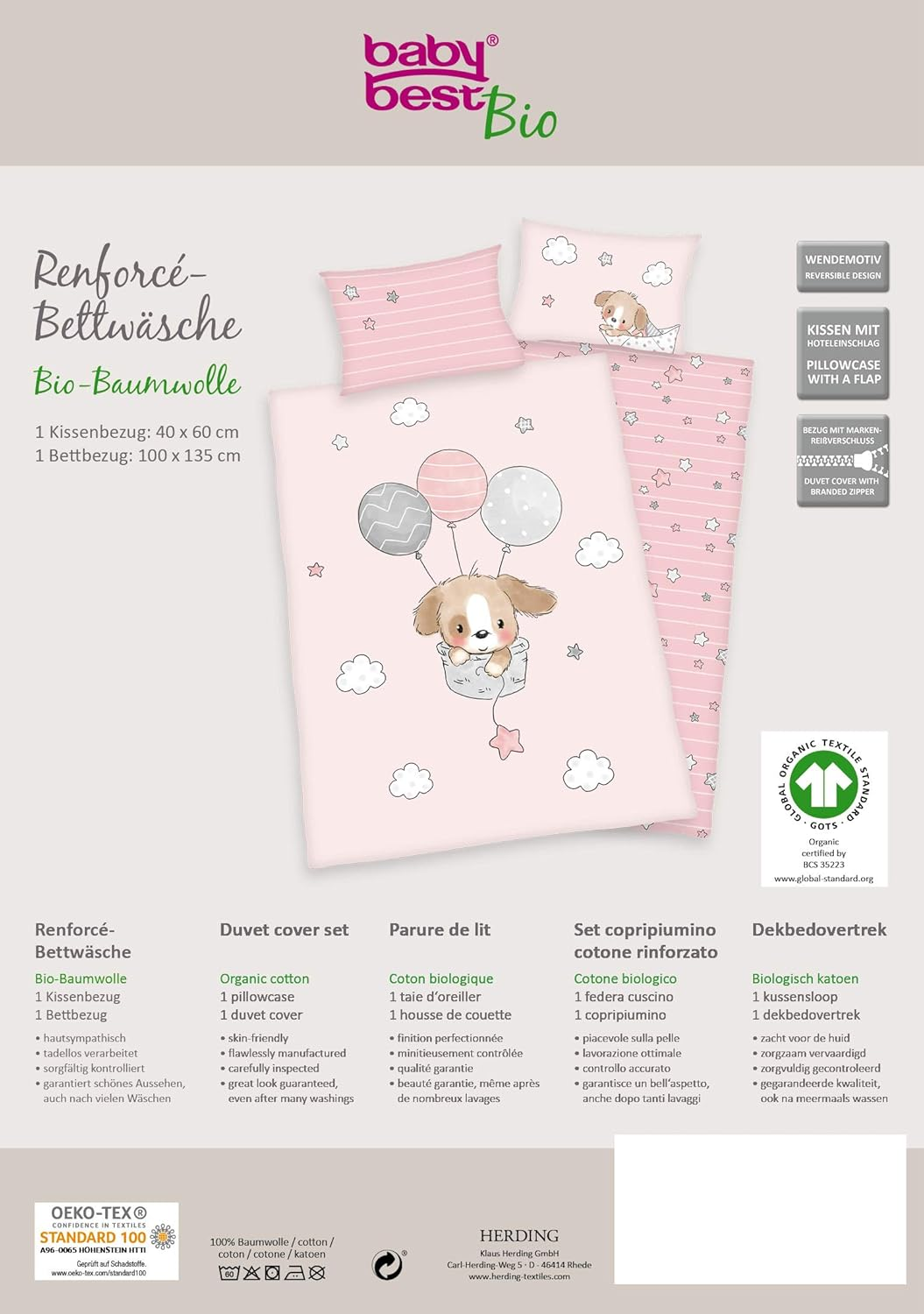 Herding Sweet Puppy Organic Bed Linen Set, GOTS Certified, Reversible Motif, Pillowcase 40 X 60 Cm, Duvet Cover 100 X 135 Cm, Cotton/Renforc&eacute;, Pink/Multicoloured, 100 X 135 Cm image number 5