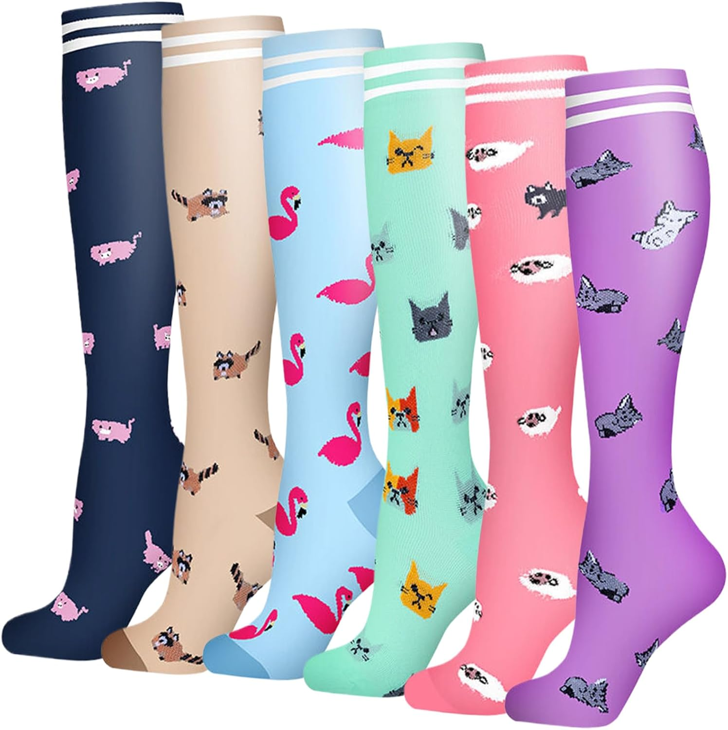 Dress Cici Compression Socks for Women, Heart, Dot, Striped, Floral, Animal, Ribbon, Tree, Geometric, Fruit, Food, Gradual, Knee High Compression Stockings Sock (6 Pairs)