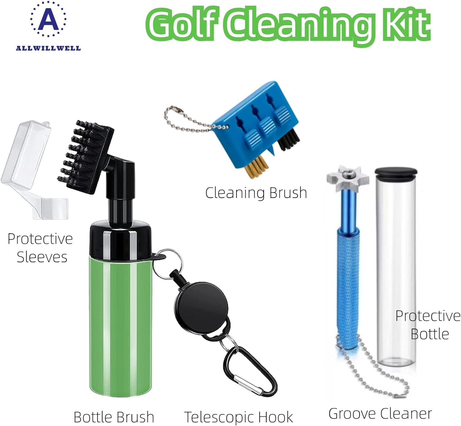 Golf Club Cleaning Kit Retractable Water Brush with Nylon Bristles and 6-Sided Groove Cleaner Portable Cleaner for Irons Woods Putters Essential Golf Accessories and Brush image number 1