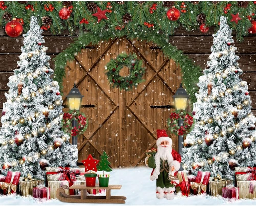 Christmas Backdrop 10X8Ft Wood Barn Winter Christmas Photo Backdrop for Photography Wooden Door Christmas Tree Gifts Snowy Background Kids Adults Family Christmas Eve Party Decoration Props - Nky05219 image number 6