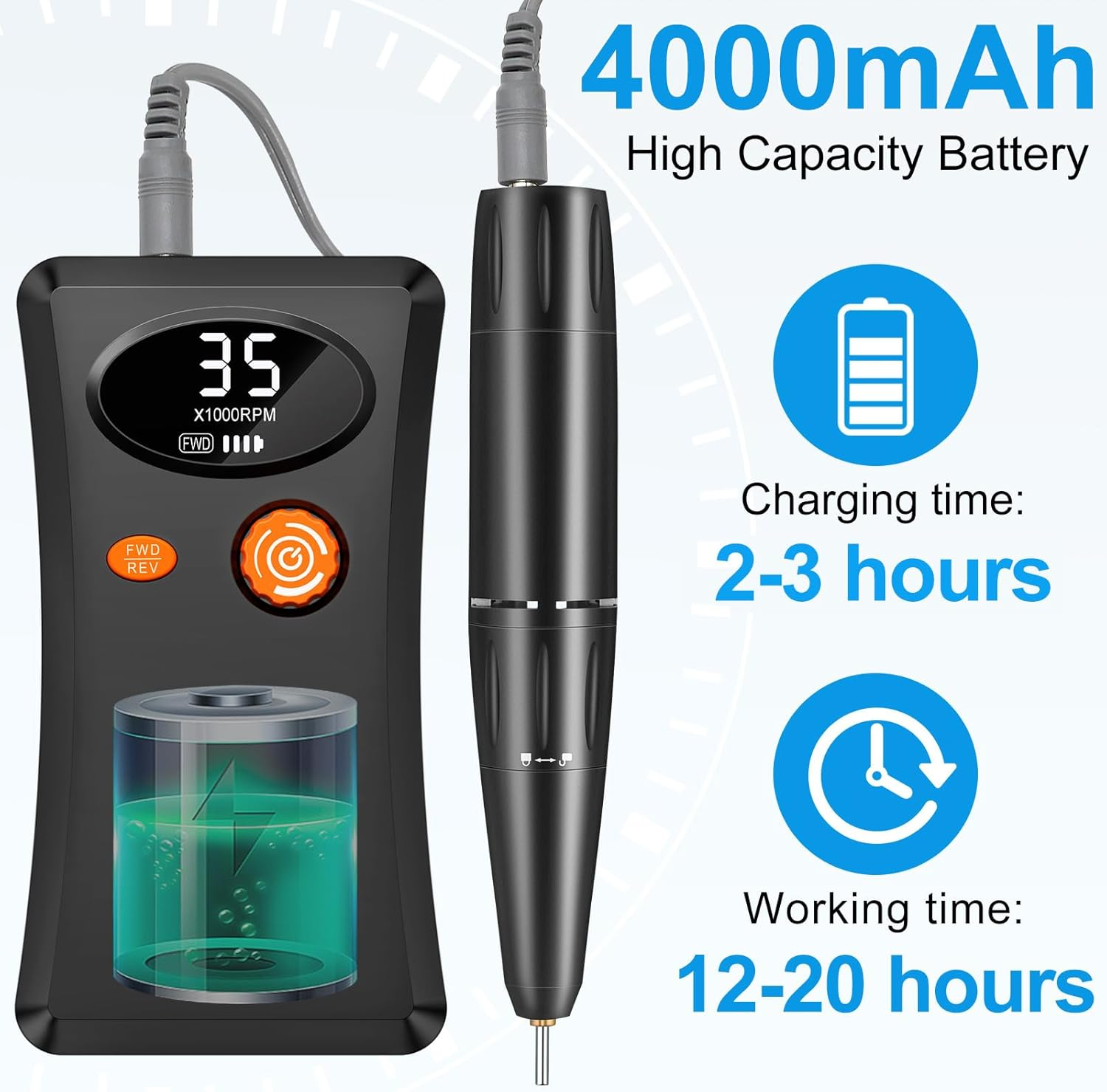 Electric Nail Drill, 35000RPM Professional Nail Drill Machine, Portable Rechargeable File Machine Set for Acrylic Gel Nails, Manicure Pedicure Tools for Home and Salon Use(Black) image number 5