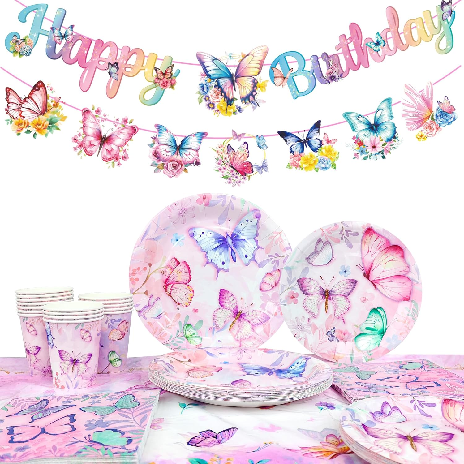 Butterfly Birthday Party Supplies, Butterfly Plates and Napkins Party Supplies - Plates Napkins Cups Tablecloth & Birthday Decorations Banner for Theme Decor image number 5