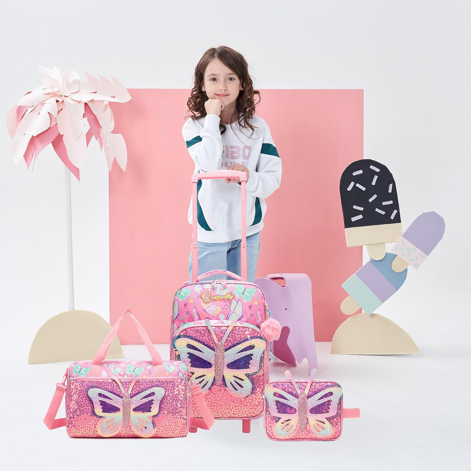 Homskiii Kids Pink Butterfly Luggage with Wheels Suitcases Travel Softside Suitcases 16" Carry on Suitcase with Duffle Bag Luggage Sets Airline Approved image number 4