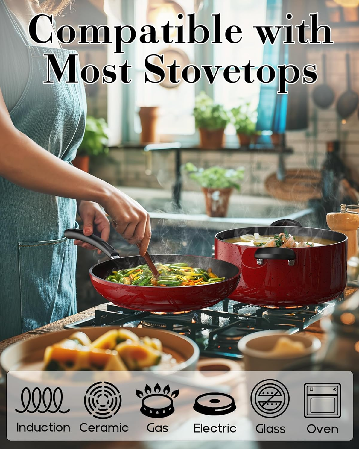 Cook N Home Pots and Pans Nonstick Cookware Set 12-Piece, Kitchen Cooking Set with Frying Pans and Saucepans, Induction Compatible, Marble Red