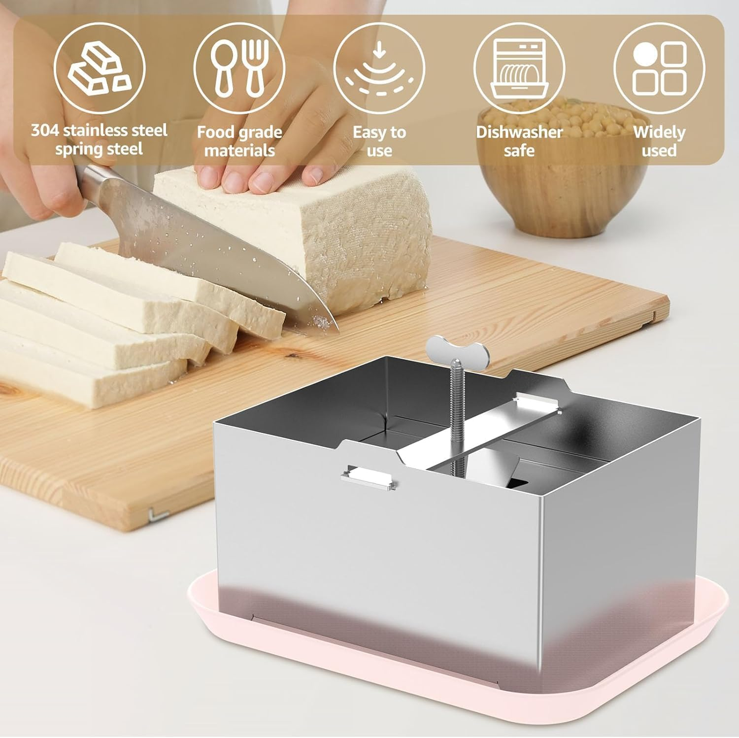 Stainless Steel Tofu Press Kit, Adjustable Tofu Maker Mold with Presser Towel and Drip Tray,Paneer Making Machine for Homemade Firm Tofu Chees (L) image number 4