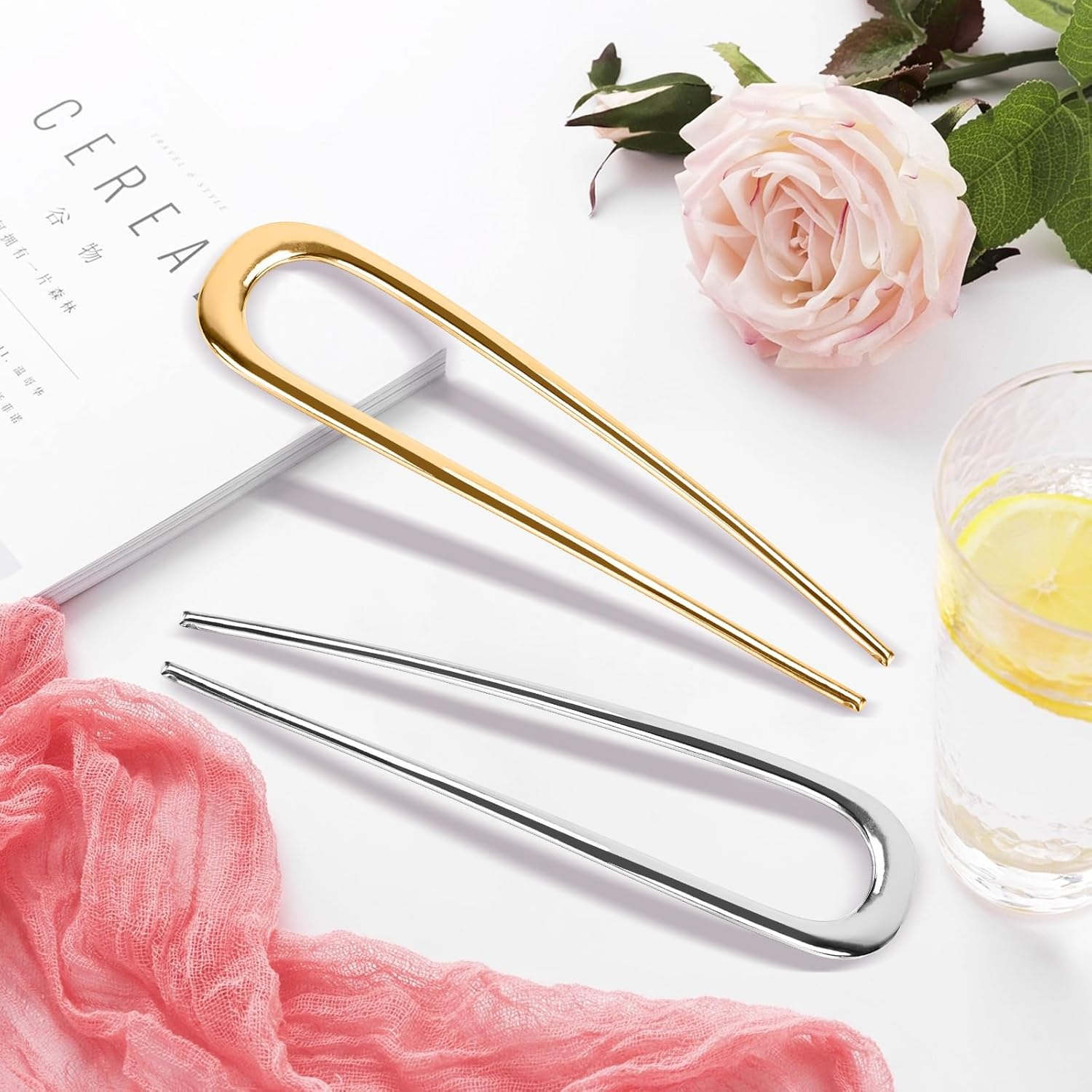 Pack of 2 U-Shaped Hair Pins, French Hair Pins, Large, U-Shaped French Hair Pin Made of Metal, Hair Bow, Hair Fork, Hair Sticks, Hair Accessories for All Hair Types of Women and Girls (Gold, Silver) image number 4