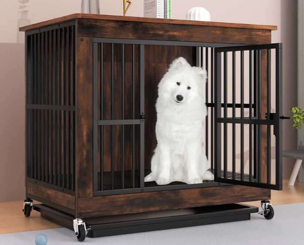 Heavy Duty Dog Crate Furniture, Dog Kennel with Locks and Trays, Chew-Proof Dog Cage for Small Medium Breeds with Wheels and Built-In Top Storage Function, for Living Rooms, Bedrooms, Farmhouses image number 1