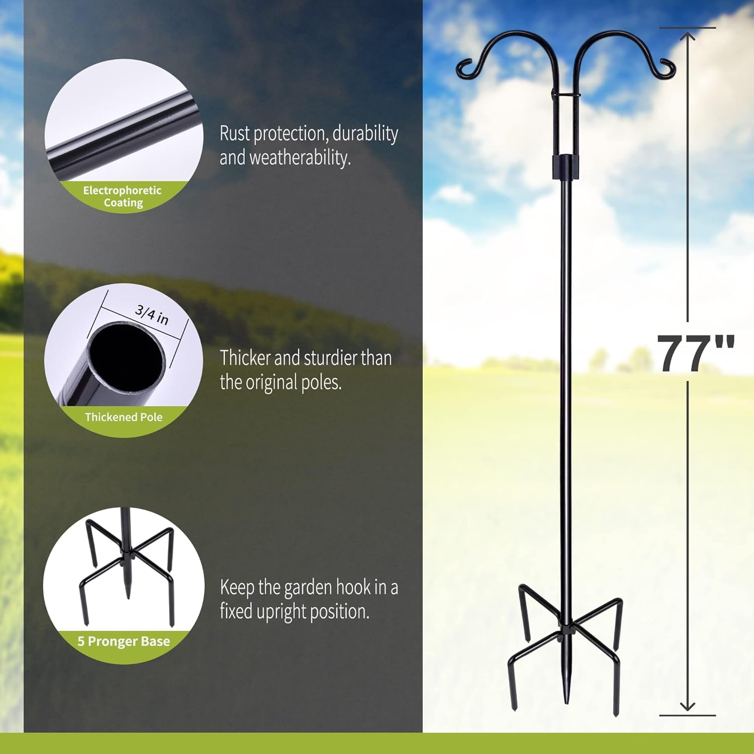 Double Shepherd Hooks for Outdoor, XICEN 79 Inch Heavy Duty Bird Feeder Pole for Hanging Bird Feeder, Garden Hooks Plant Baskets, Garden Plant Hanger Stands with 5 Prong Base image number 2