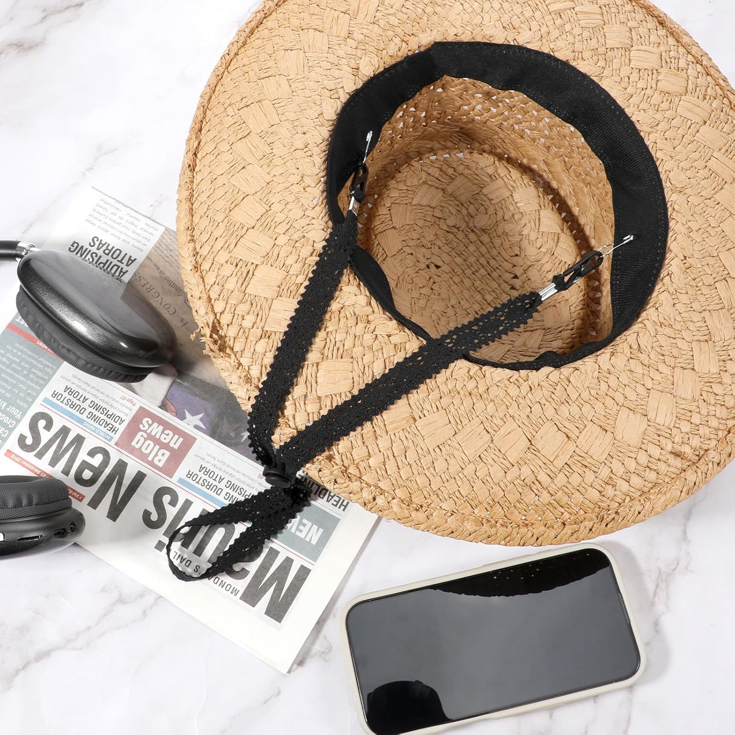 Tweruna 2 PCS Hat Straps for Wind, Adjustable Beige Black Chin Cord, Lace Sun Hat Chin Strap with Clips, Replacement Lace Windproof Keeper String for Women Outdoor Hats image number 1