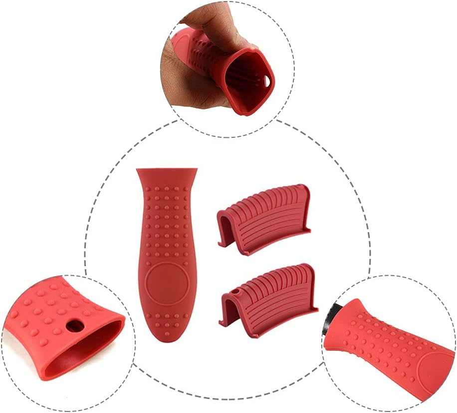 3 Pcs Silicone Assist Hot Pan Handle Holder, Non-Slip Pot Holder Sleeve, Kitchen Household Cast Iron Skillet Insulated Handle Cover for Frying Pans, Griddles(Red) image number 6