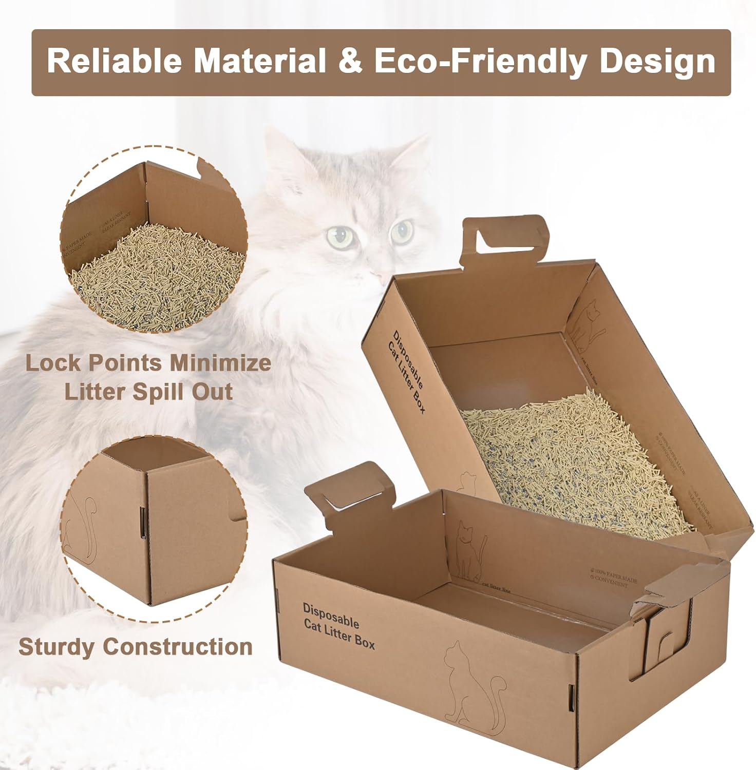 2 Pack Disposable Litter Boxes for Cats, 17.4" X 12.3" X5.4" Large Cardboard Cat Litter Box, Extra Thick Portable Travel Litter Box for Cats, Foldable, Waterproof, Leak Resistant (L, Count, 2) image number 3