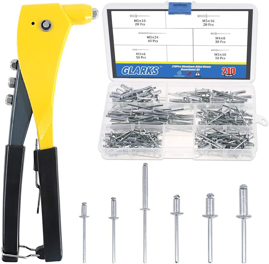Glarks Heavy Duty Riveter Set, 210Pcs Aluminum Blind Rivets Assortment Kit and a Professional Pop Rivet Gun for Sheet Metal, Automotive, Railway, and Duct Work (Rivet Gun with Rivets Set) image number 6