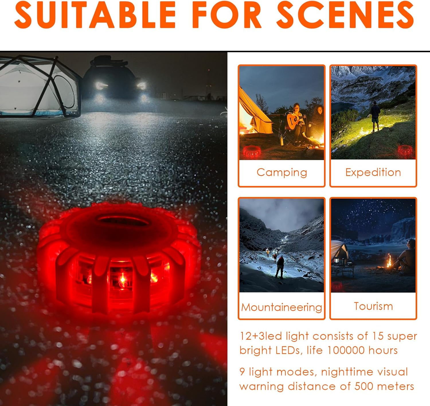 3Pcs LED Road Flares Emergency Safety Warning Light Kit with 9 Glow Modes Rechargeable Design for Vehicles and Boat(Orange) image number 2