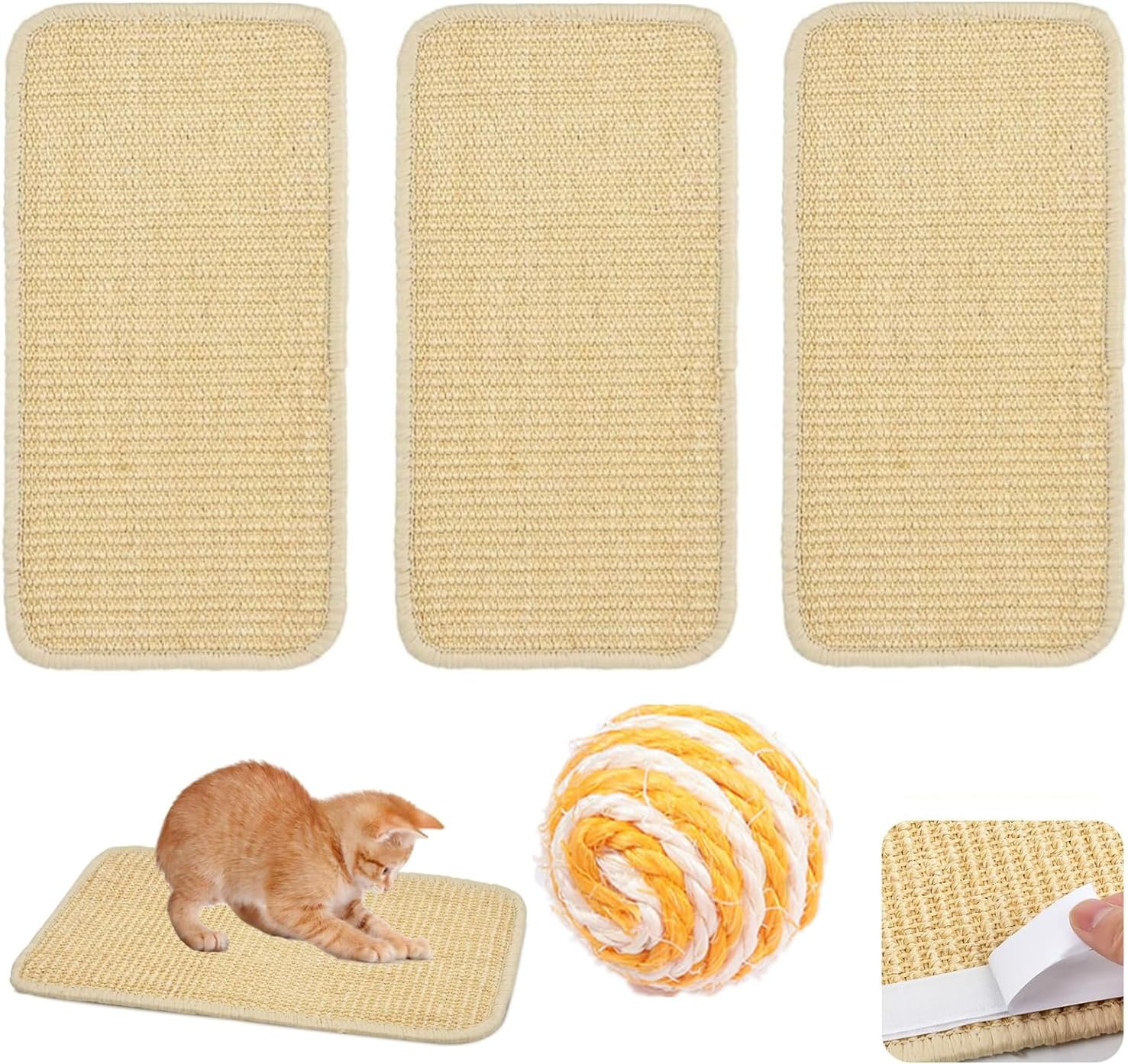 Pack of 3 Cat Scratching Mat 50 X 20 Cm, Natural Sisal Cat Scratching Pad with Adhesive Loop Tape, Cat Scratching Furniture Protective Rug + 1 Sisal Ball image number 5