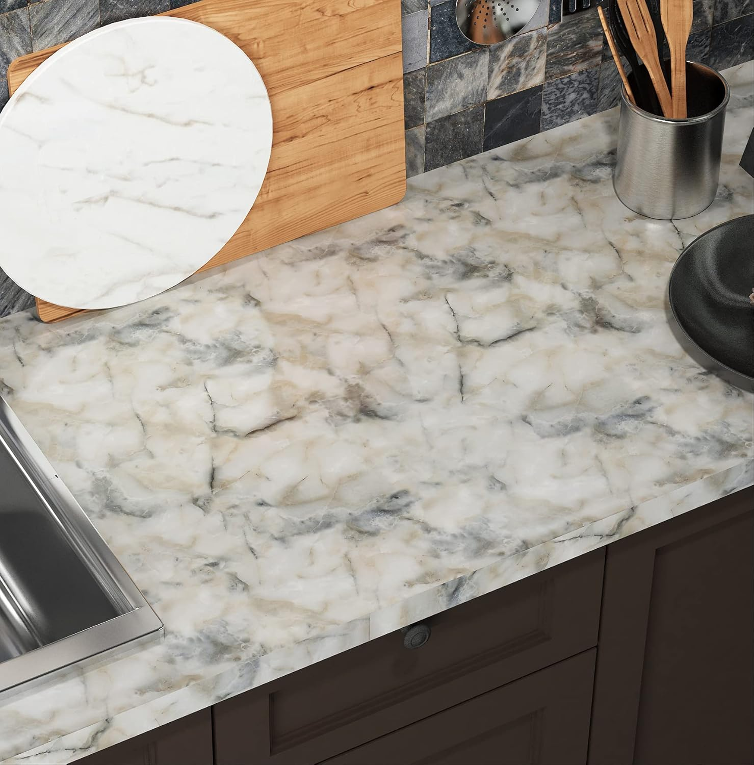 Livelynine 15.8X197 Light Blue Marble Wallpaper Peel and Stick Countertop Contact Paper Waterproof White Navy Marble Contact Paper Peel & Stick Countertops for Bathroom Counter Desk Top Vinyl Wrap image number 2