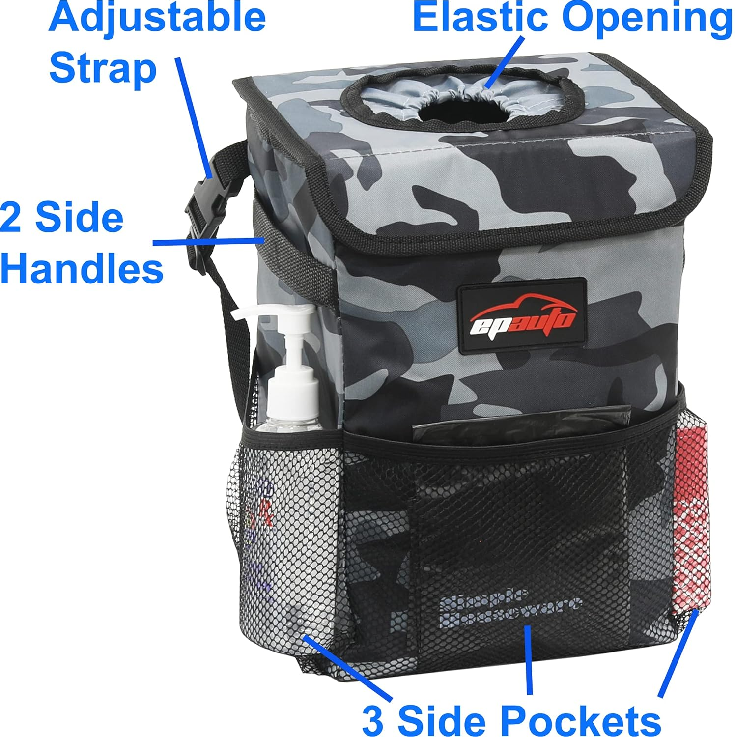 Epauto Waterproof Car Trash Can with Lid and Storage Pockets, Camouflage Grey image number 3