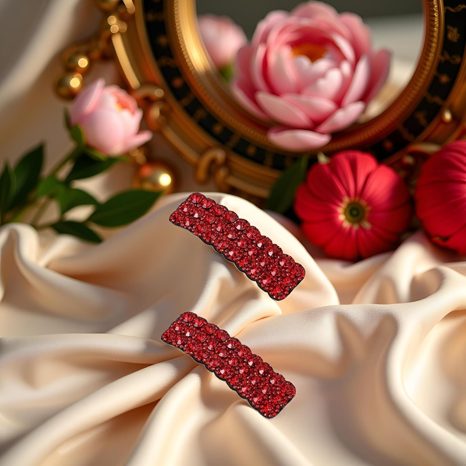 2Pcs Rhinestone Hair Clips, Red Rectangular Barrettes, Korean Style Wedding Hair Accessories for Women Girls image number 1