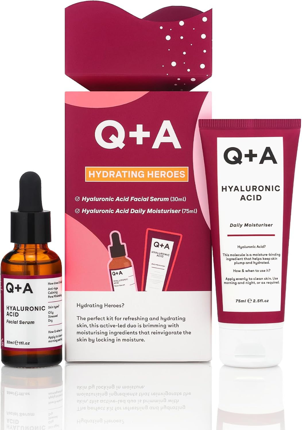 Q+A Hydrating Heroes Skincare Gift Set &ndash; a Giftset with Hyaluronic Acid Facial Serum 30Ml, Daily Moisturiser 75Ml for Dry, Dehydrated Skin, Vegan, Cruelty-Free, for Soft, Supple Complexion