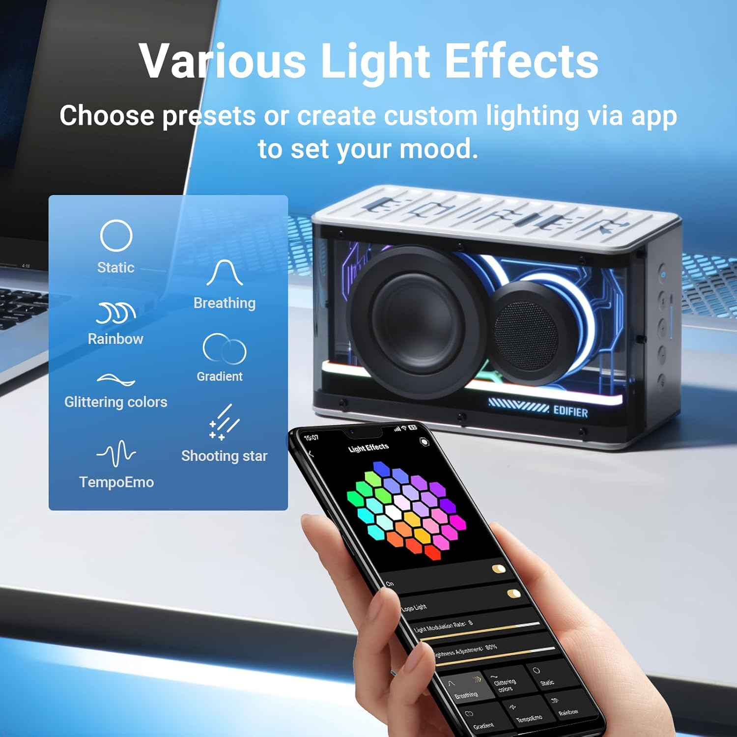 Edifier QD25 Bluetooth Speaker, Portable Desktop Audio, 25W RMS Dynamic Sound, Hi-Res Audio Splendid Light Effects 15H Playtime Bluetooth 6.0 Wireless Stereo Pairing (Black) image number 4