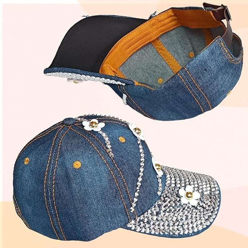 Bling Baseball Cap for Women, Adjustable Rhinestone Sun Hat with Flower Summer Sport Denim Cap image number 2