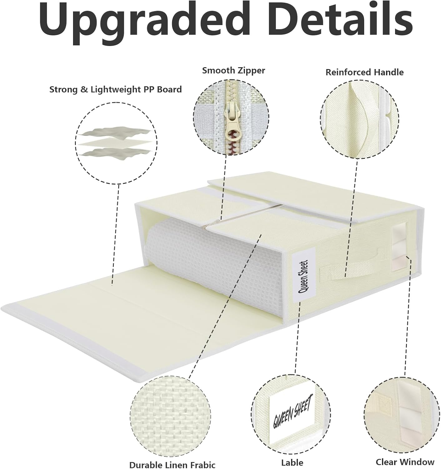 2 Pack Bed Sheet Organiser Storage, Foldable Linen Storage Box with Handles and Labels for Bedding & Linen(Queen and King Size), Bedsheet Organiser with Window for Sheets, Duvet Cover, Beige image number 5