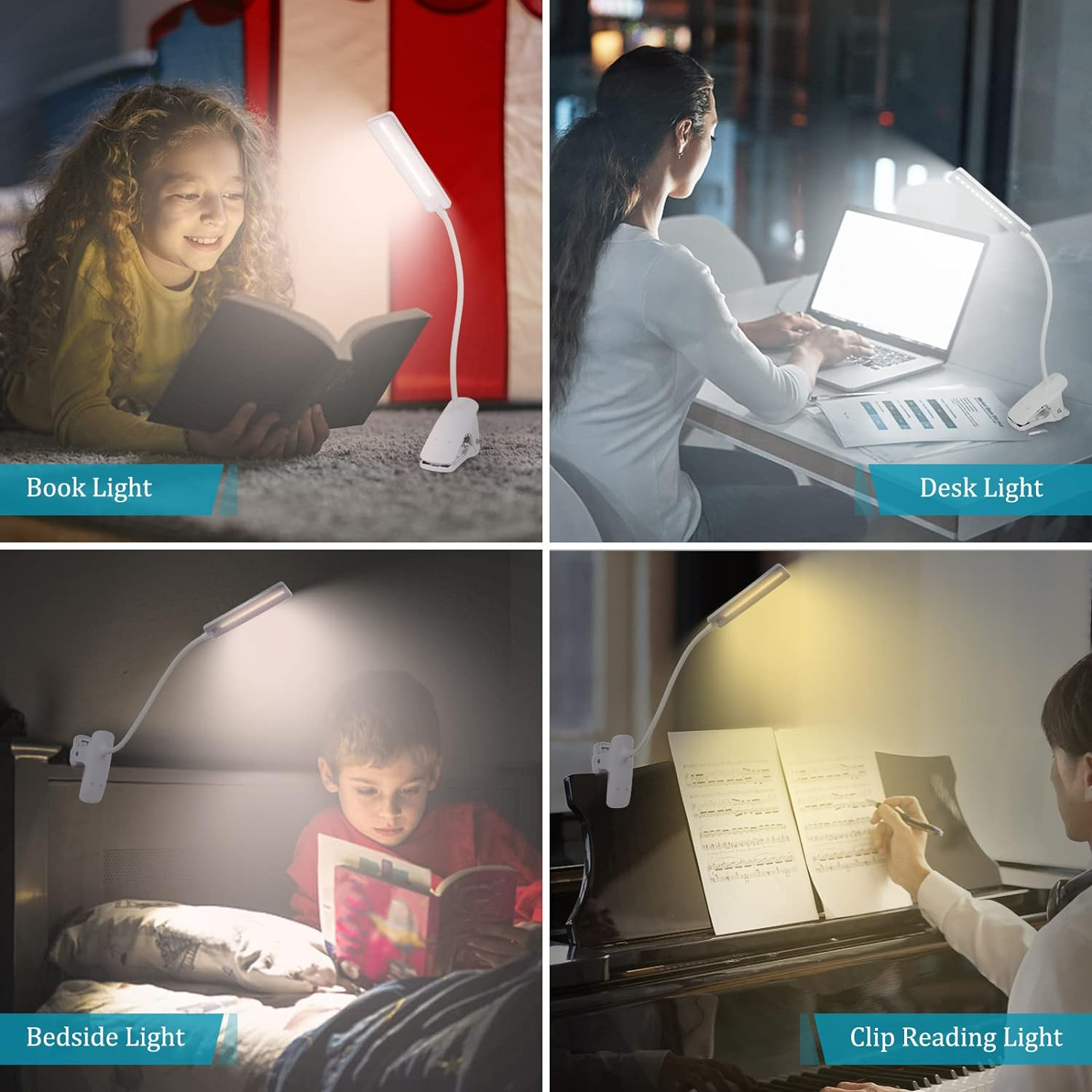 Deaunbr LED Reading Light with Clip USB Rechargeable Book Lights, Eye Protection 24 Leds Flexible Neck Night Bed Lamp, Touch Control Portable Clamp Desk Lamps for Bed Headboard, Computers - White image number 5