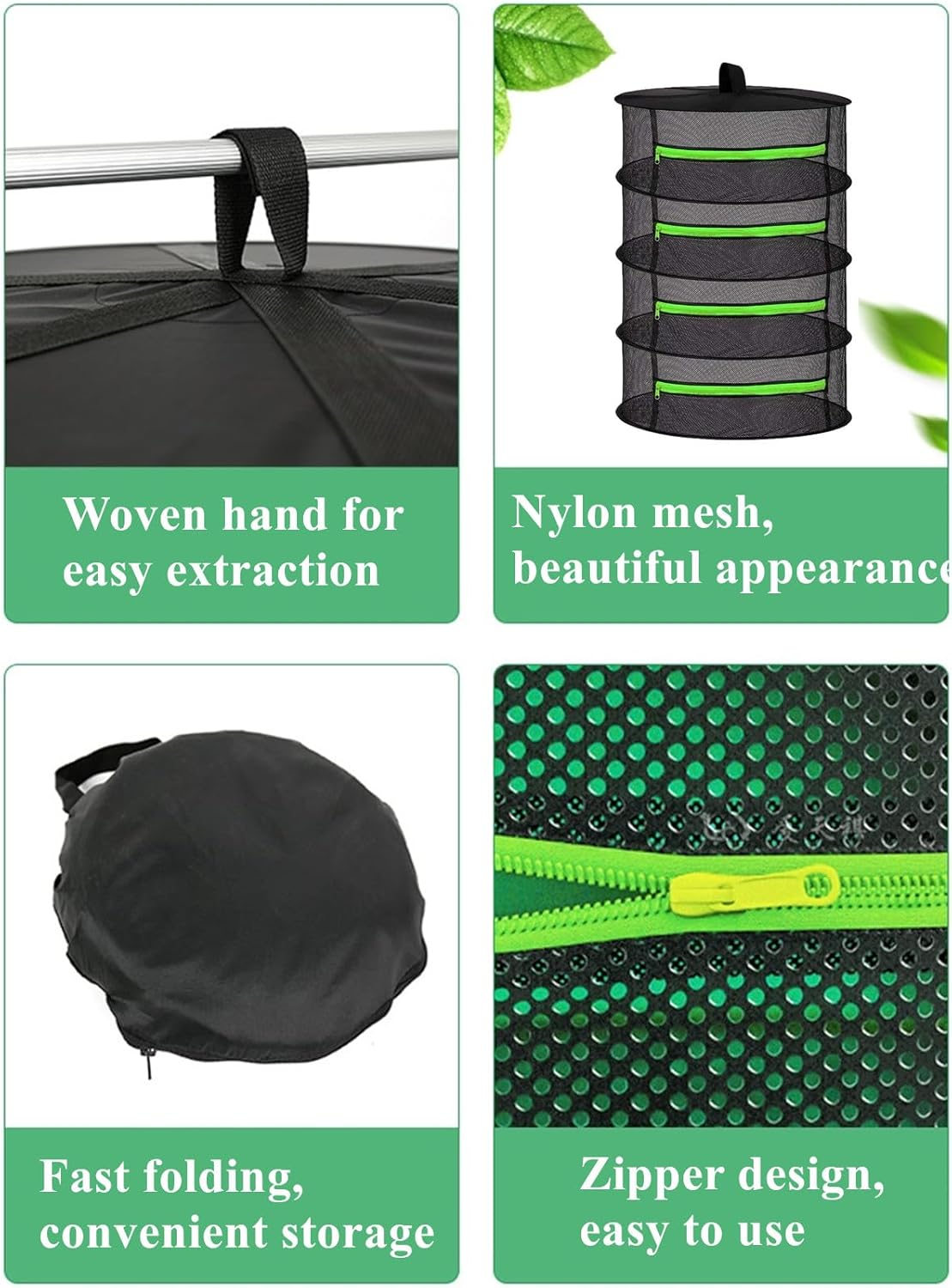 4 Layer Herb Drying Rack,Hanging Plant Drying Net with Green Zippers,Foldable Mesh Rack,For Drying Flowers,Vegetables, Herb,Garden(24X24X31.5Inch) image number 1