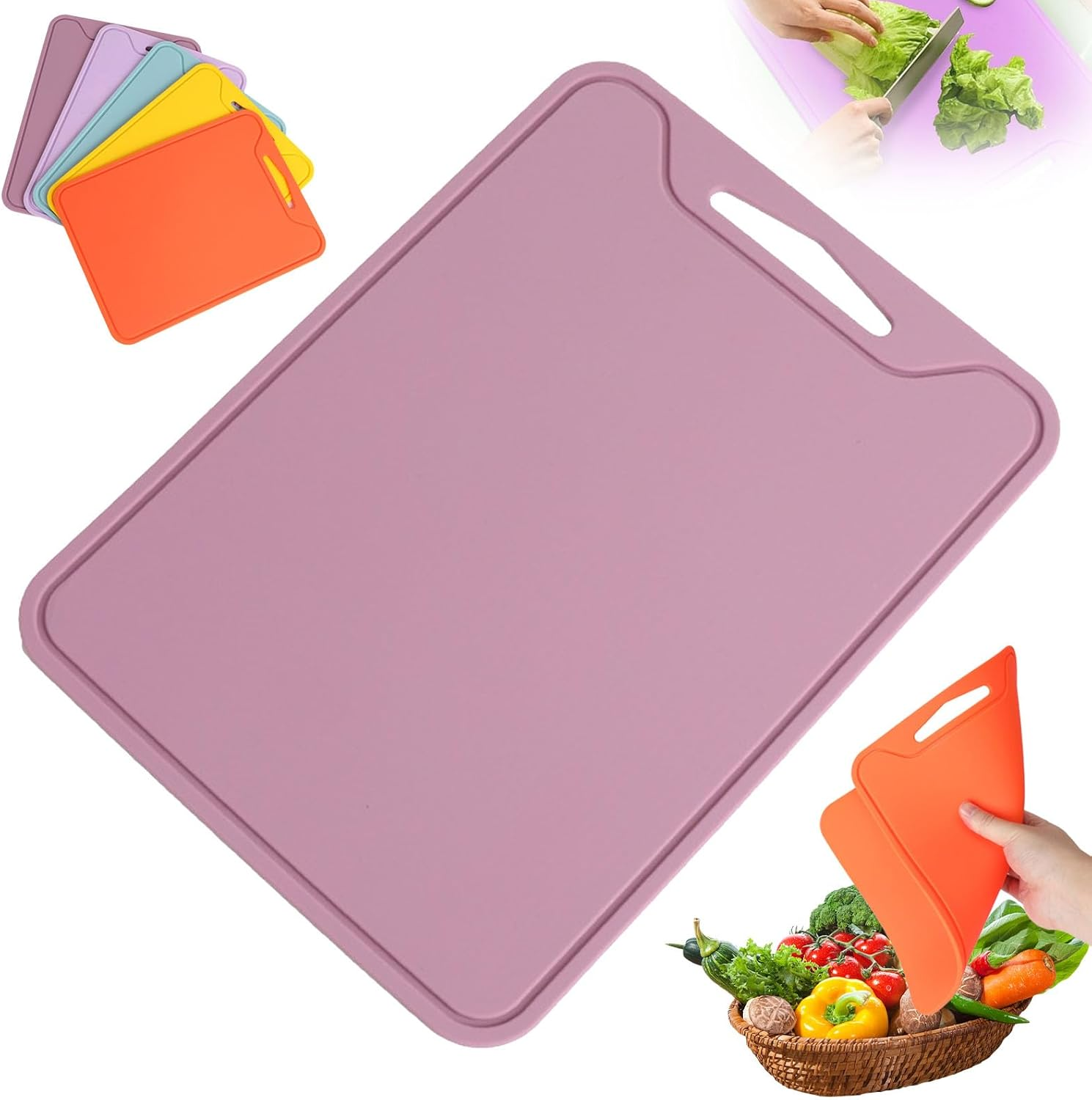Thick Silicone Cutting Board, Dual-Sided, Non-Slip, Juice Groove, Foldable, 11.65In * 8.58In, Yellow, Orange, Lavender, Purple, Blue image number 2
