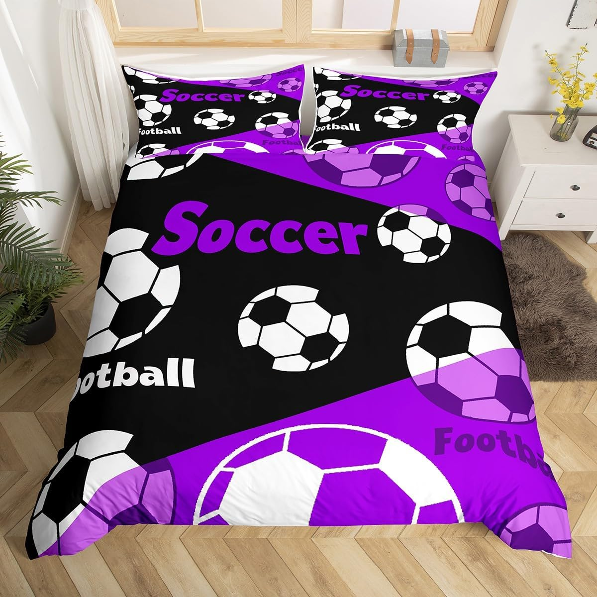 Manfei Teens Football Duvet Cover S Size, Black White Football Bedding Set, Sports Theme Purple Quilt Cover, Kids Boys Adult Room Decor, Soft and Lightweight, 1 Pillowcase