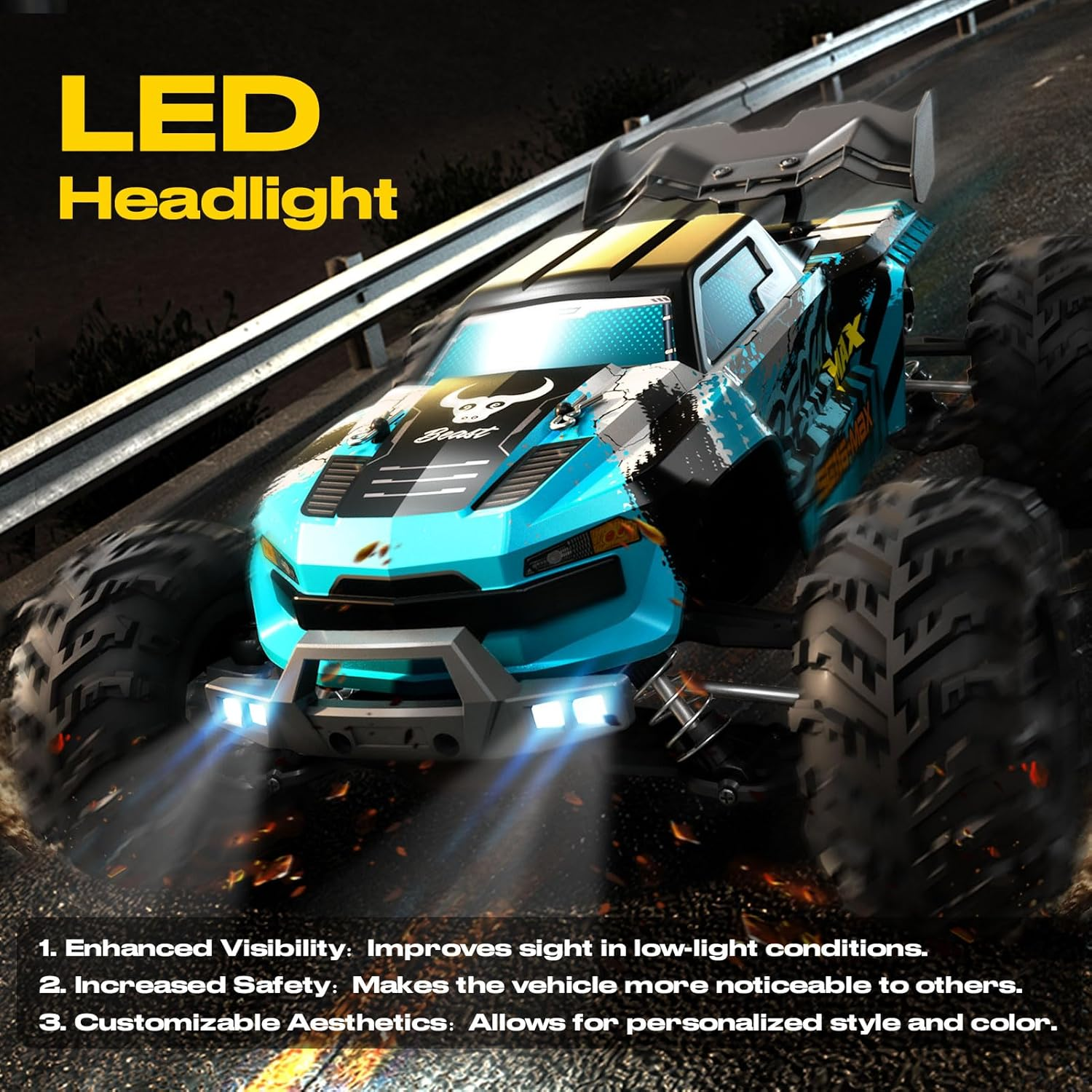 1:16 Scale 4WD Remote Control Car, 70Km/H High Speed Monster Truck, 2.4G Full Proportional Control, All Terrain Off-Road RC Vehicle for Kids Adults, Carbon Brush Motor, 1 Rechargeable 1300Mah Battery image number 2
