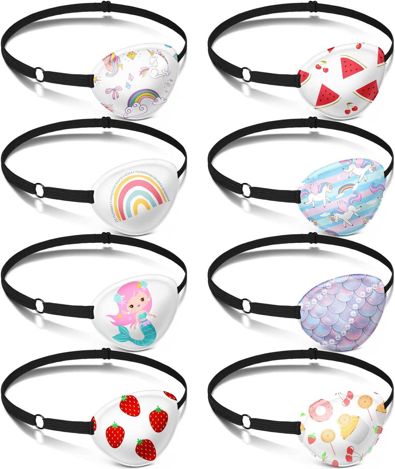 8 Pcs Eye Patches for Kids Adjustable Single Eye Patch Reusable Cute Girls Eye Patch with Elastic Strap for Lazy Eye Either Eye Left or Right Eyepatch, Unicorn Mermaid Rainbow Various Patterns