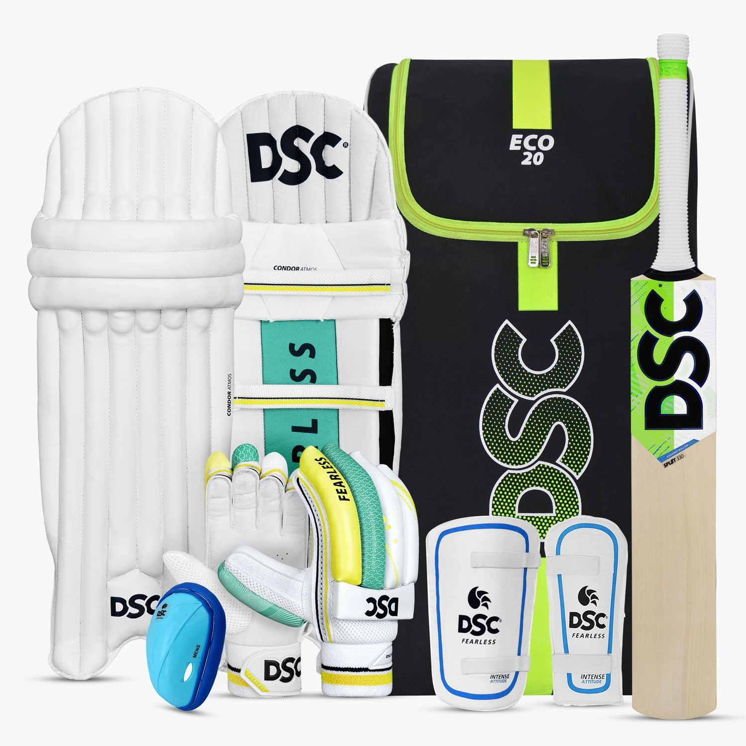 DSC Kashmir Willow (Aus) 2024 Cricket Set | Size: 5 | 1 Spliit 330 Kashmir Willow Bat, 1 Pair Batting Pad, 1 Thigh Pad, 1 Pair Batting Gloves, 1 Abdominal Guard, 1 Arm Guard & 1 Eco 20 Kit Bag