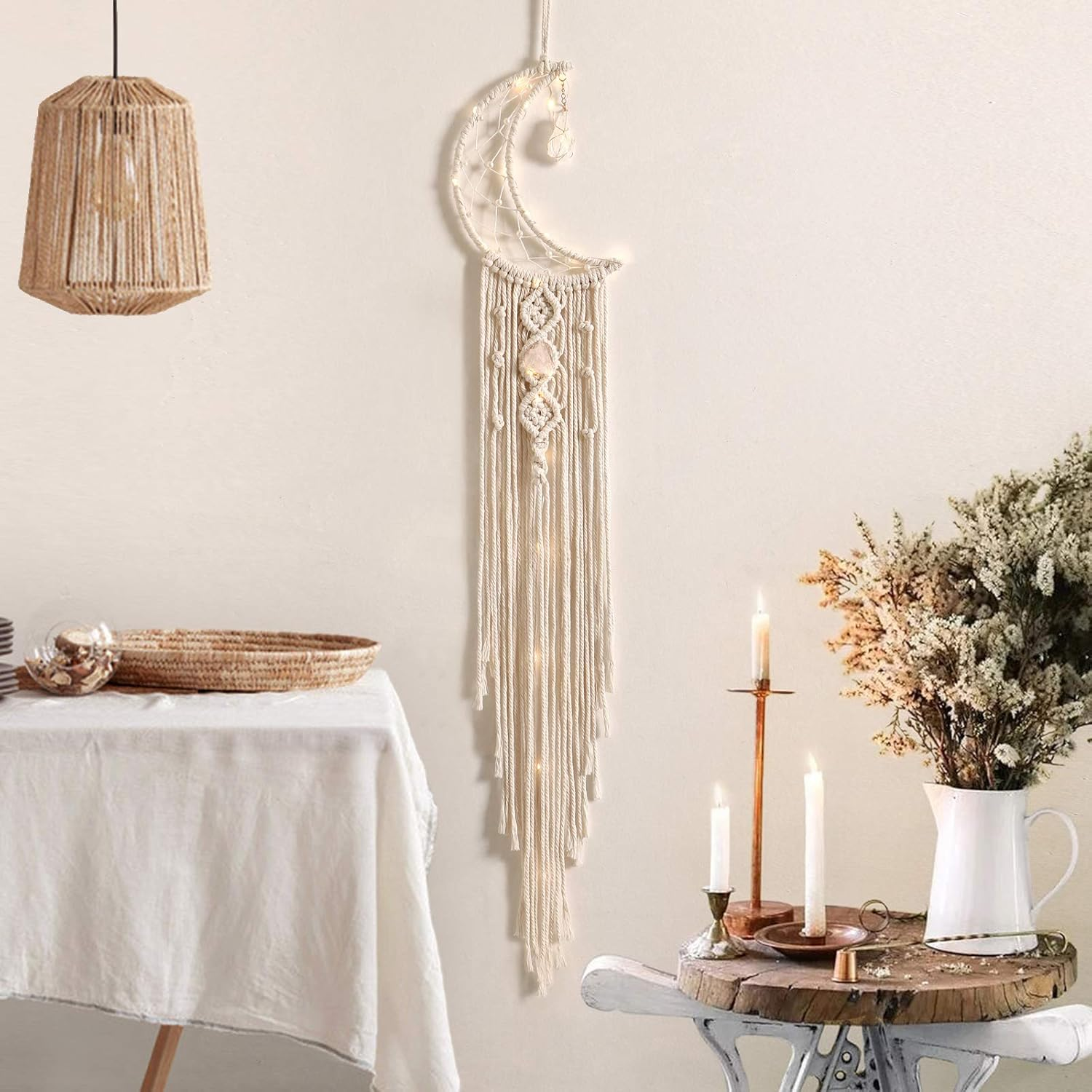 Dremisland Macrame Woven Wall Hanging Moon Dream Catcher with Natural Crystal Stone- Boho Chic Bohemian Home Decor Wall Art Decor with String Lights - Beautiful Apartment Dorm Room Door Decoration image number 3