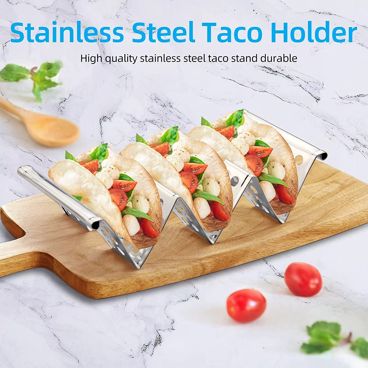 Chbuuero Taco Holders Set of 4, Taco Stand, Stainless Steel Taco Holder, Each Can Hold 3 Tortillas, with Easy-Access Handle, Fits Microwave, Air Fryer and Oven image number 3