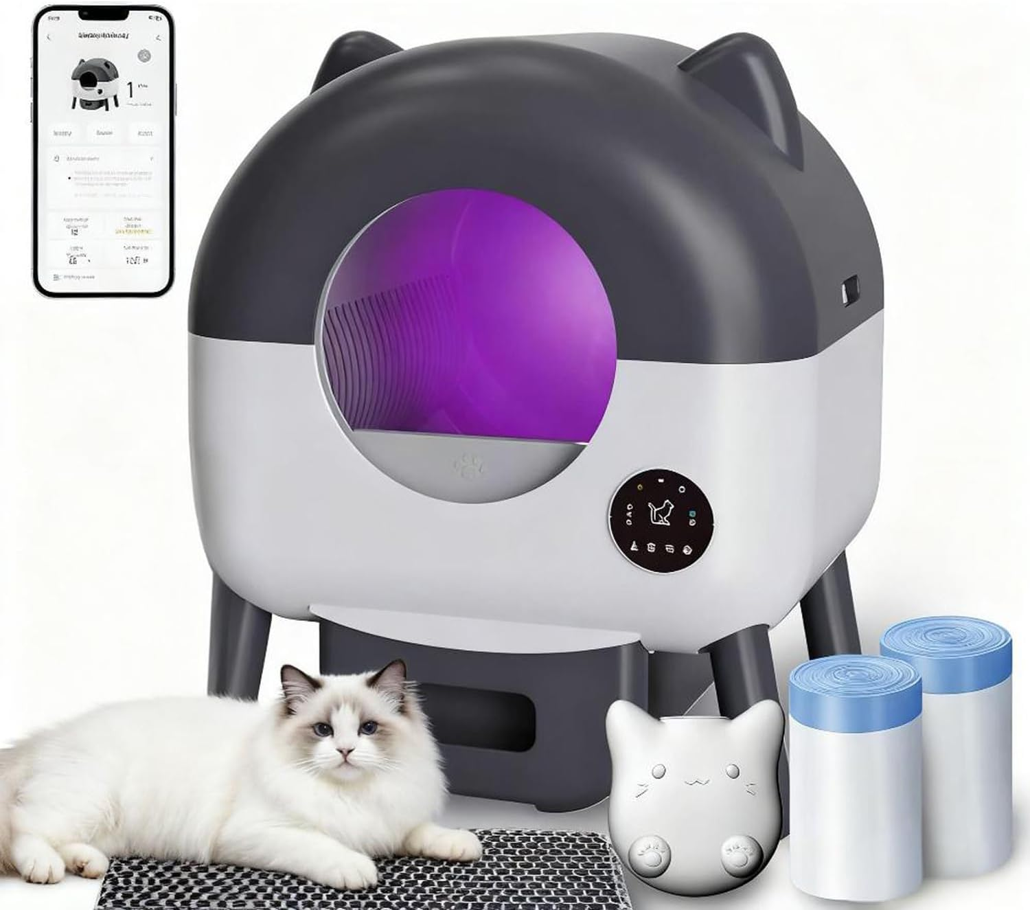 MINYII Self Cleaning Cat Litter Box with Mat & Baffle Plate, 76L+13L Large Capacity, Smart Automatic Cat Litter Box for Multiple Cats, APP Control/Low Noise/Safety Protection (Purple) image number 1