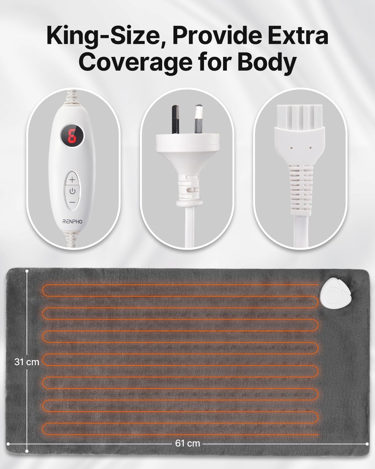 RENPHO Heating Pad, Electric Heat Pad for Back Pain and Cramps Relief, Mothers Day Gift, Birthday Gifts for Women Men, Fast Heated, Auto Shut Off, Machine Washable, Ultra-Soft 61X31Cm Gray image number 1