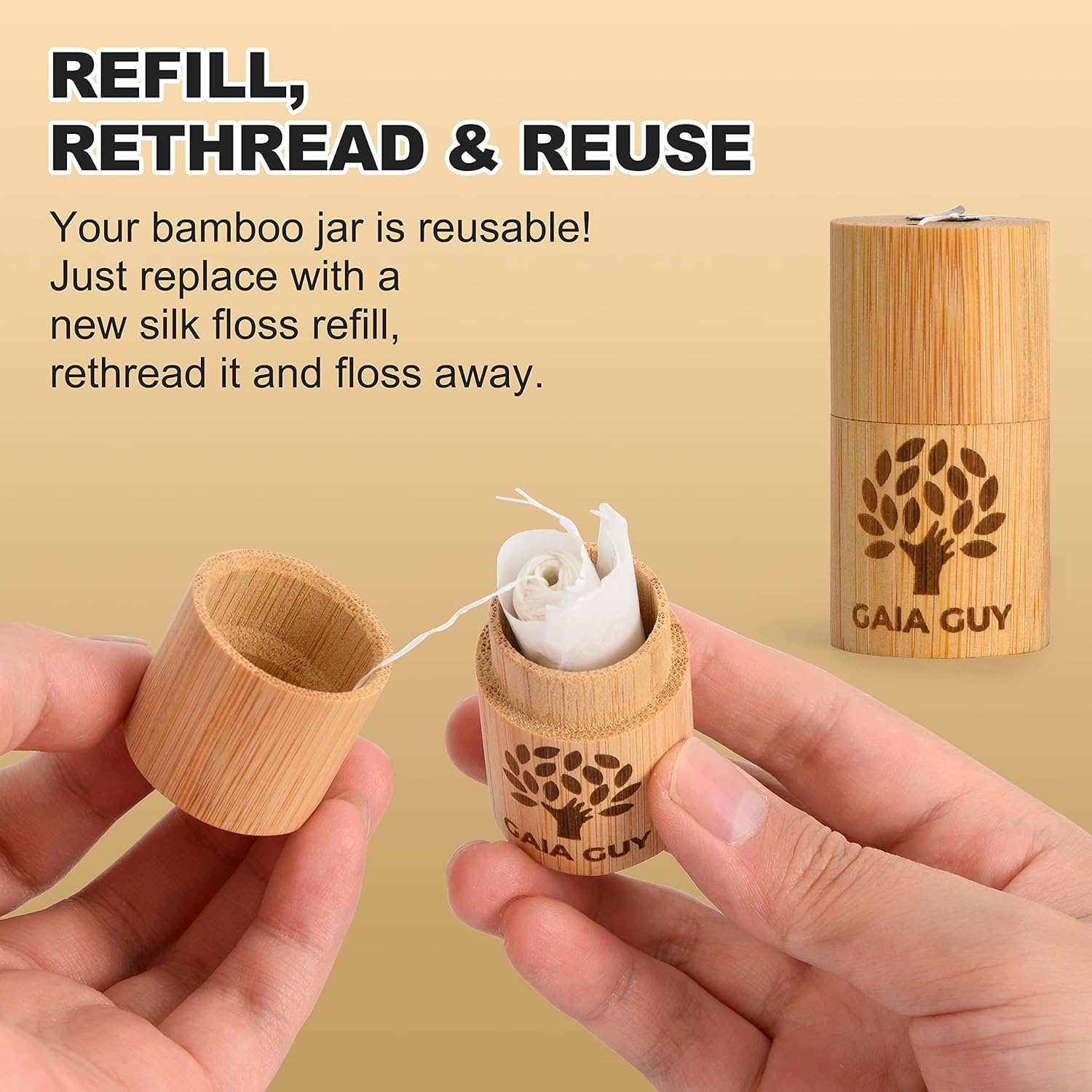 Gaia Guy Natural Unflavored Silk Dental Floss with Floss Refill & Reusable Bamboo Holder | 2 X 30 Meters of Compostable Pure Silk Waxed with Candelilla Wax | Plastic-Free Packaging image number 3
