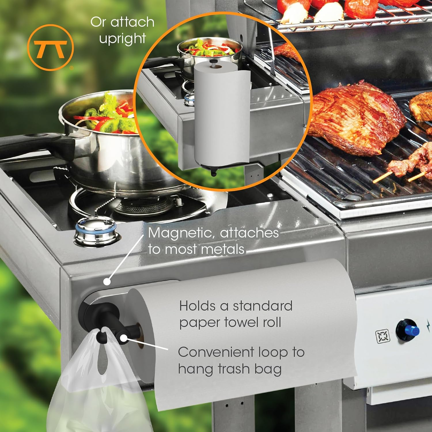 Outset Magnetic Rotating Paper Towel Rack with Trash Bag Hook for Grill and Kitchen image number 2