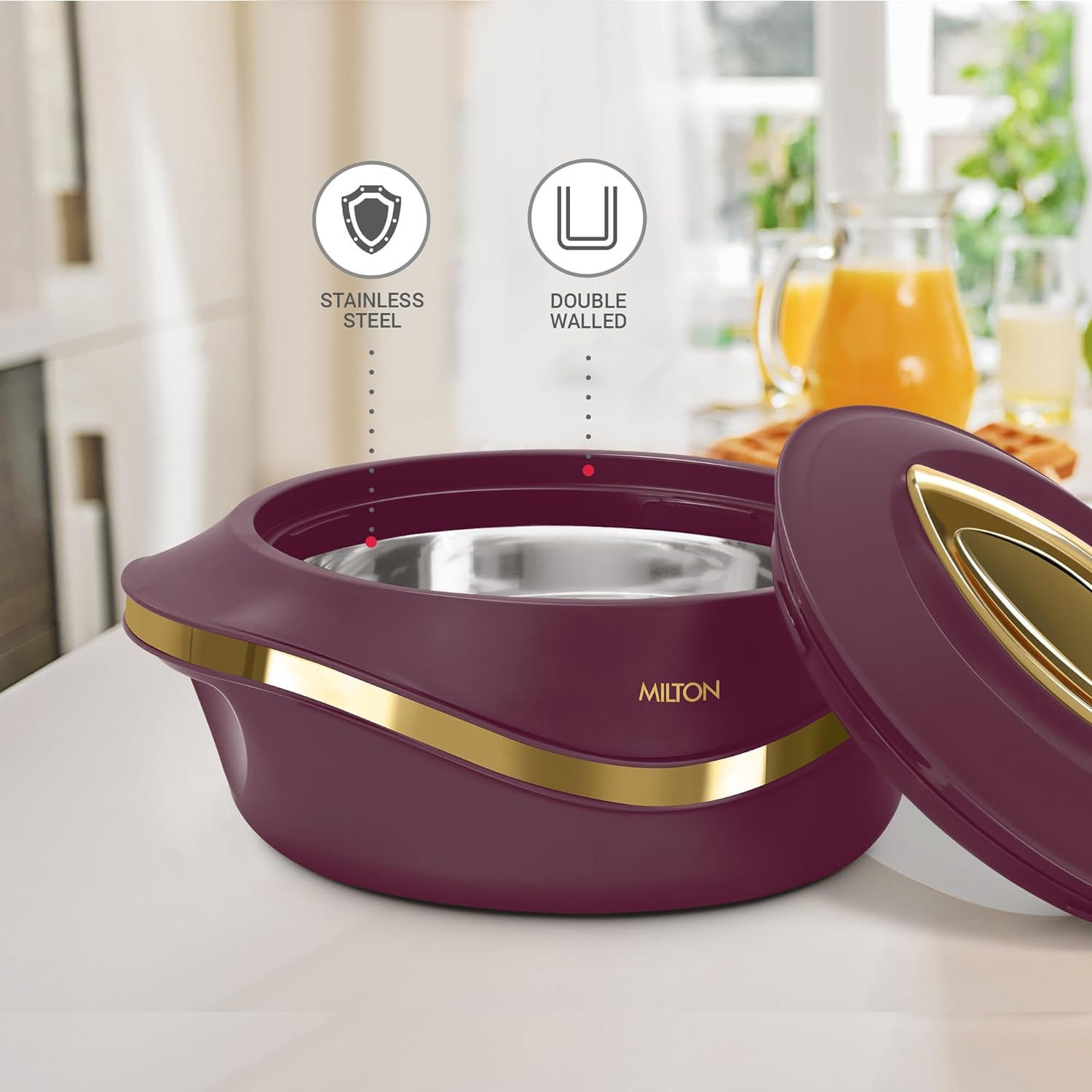 Milton Casserole Double Walled Inner Stainless Steel Serving Casserole Set of 3 (860 Ml, 1.27 Litre, 1.96 Litre), PU Insulated Kitchen Hot Pot, Keeps Food Hot & Fresh for Roti,Pearl - Marron image number 2