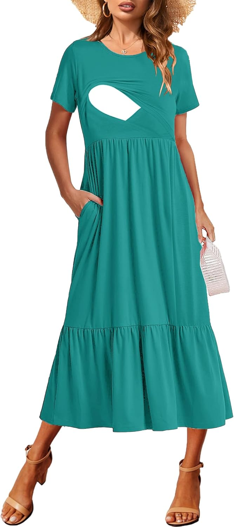 Women Nursing Short Sleeve Crew Neck Fall Dress Maternity Flowy Maxi Dresses Tiered Cocktail Dress with Pockets