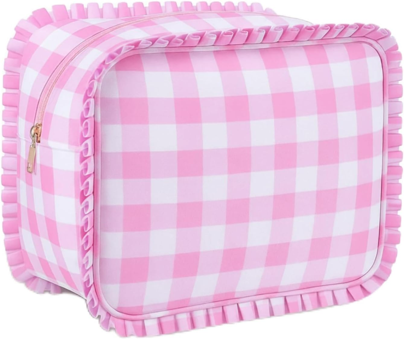 Siltriangle Gingham Ruffle Makeup Bag Large Travel Cute Checkered Cosmetic Toiletry Bag with Zipper for Women Girls, Toiletry Pouch Make up Organizer Gift, Purple