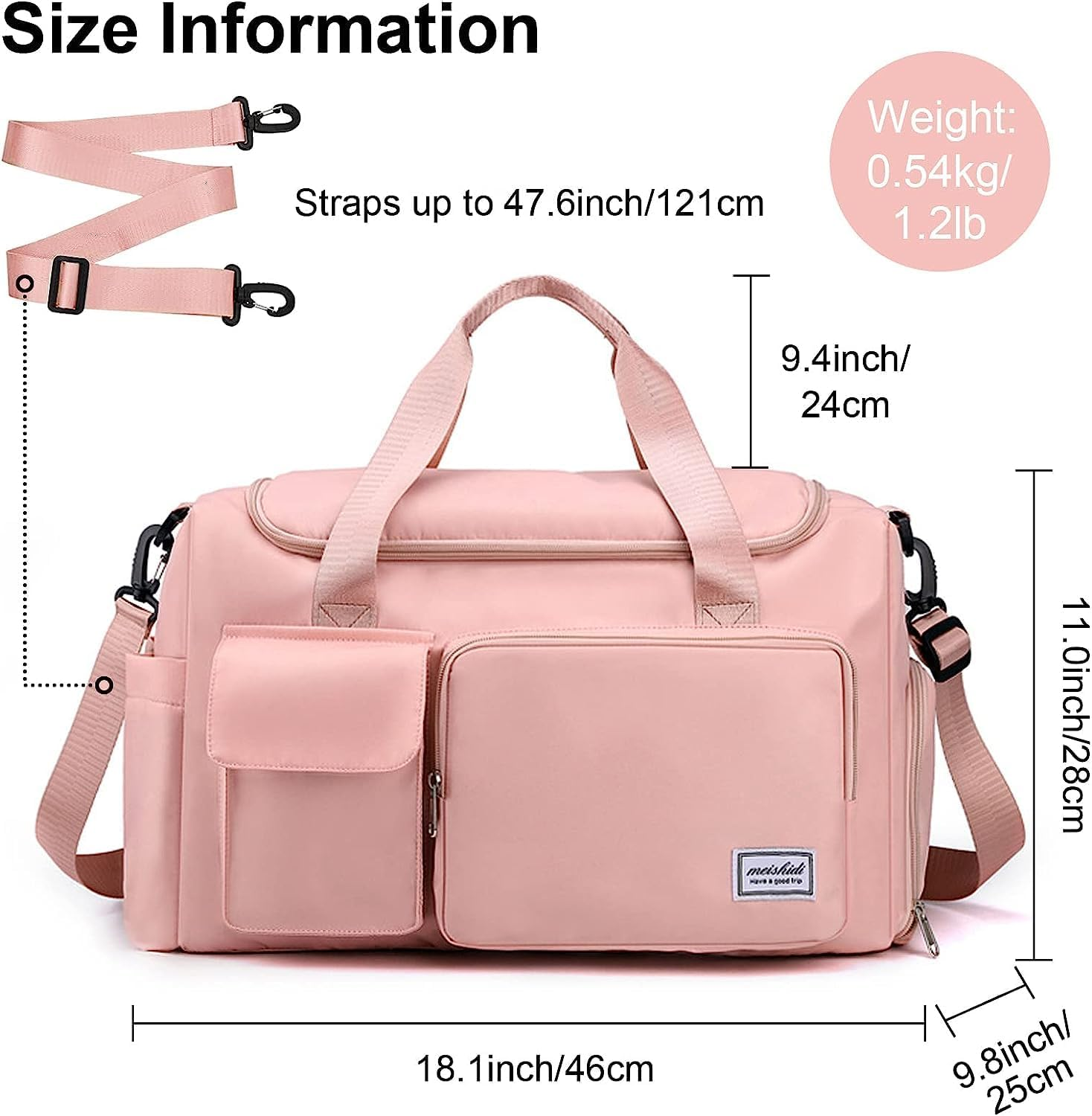 Sports Gym Bag for Women Men,Travel Duffel Bag with Shoes Compartment,Waterproof Weekend Travel Bag Overnight Bag with Trolley Sleeve, Carry Luggage Bag for Weekender,Sports, Gym,Travel (Pink) image number 6