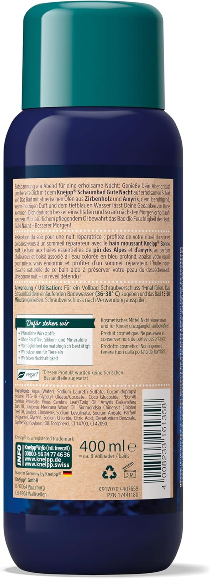 Kneipp Aroma Care Foam Bath Good Night - Bath Additive with Essential Oils Made of Swiss Pine Wood & Amyris for a Restful Sleep - Pure Relaxation - 400 Ml