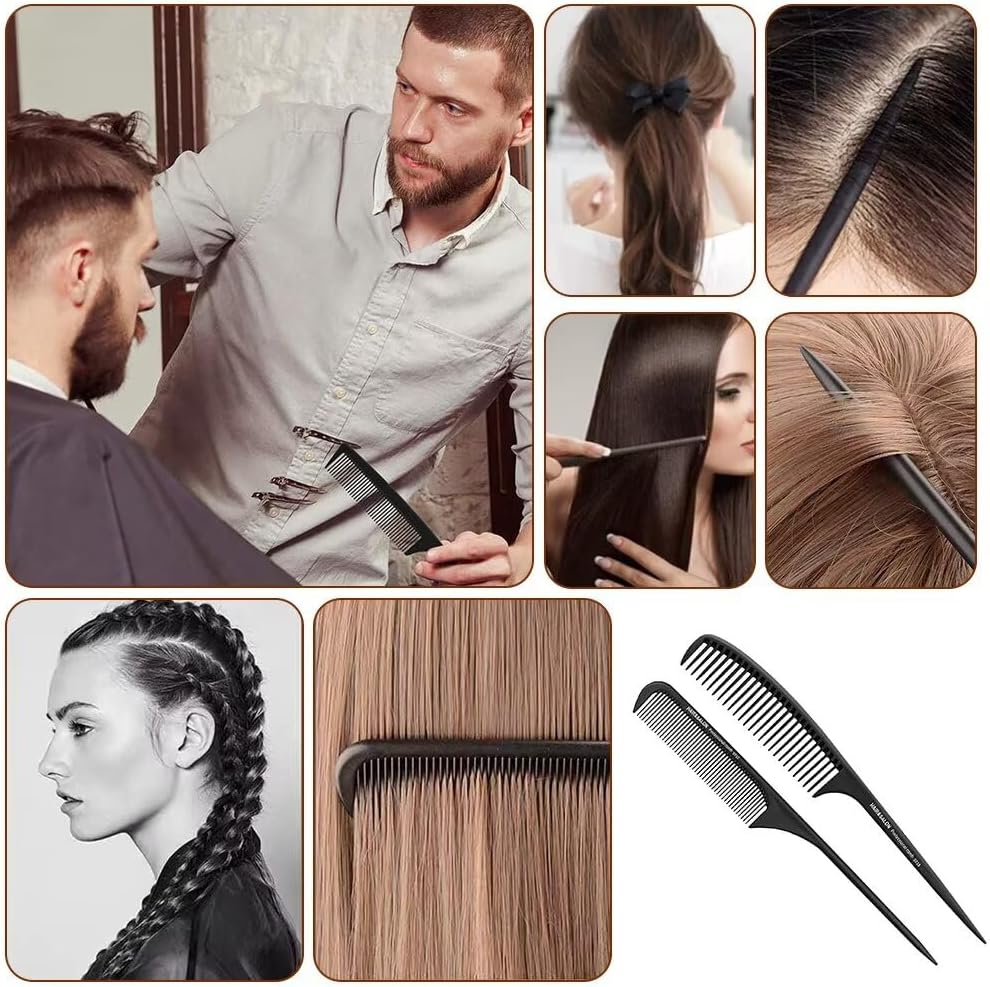 Carbon Fibre Tail Combs, 2 PCS Plastic Rat Tail Combs, Fine Tooth Teasing Comb for Women & Men, anti Static Long Handle Comb for Salon, Hairdressing, Barber, Sectioning Hair, Wet/Dry Fine Hair image number 2