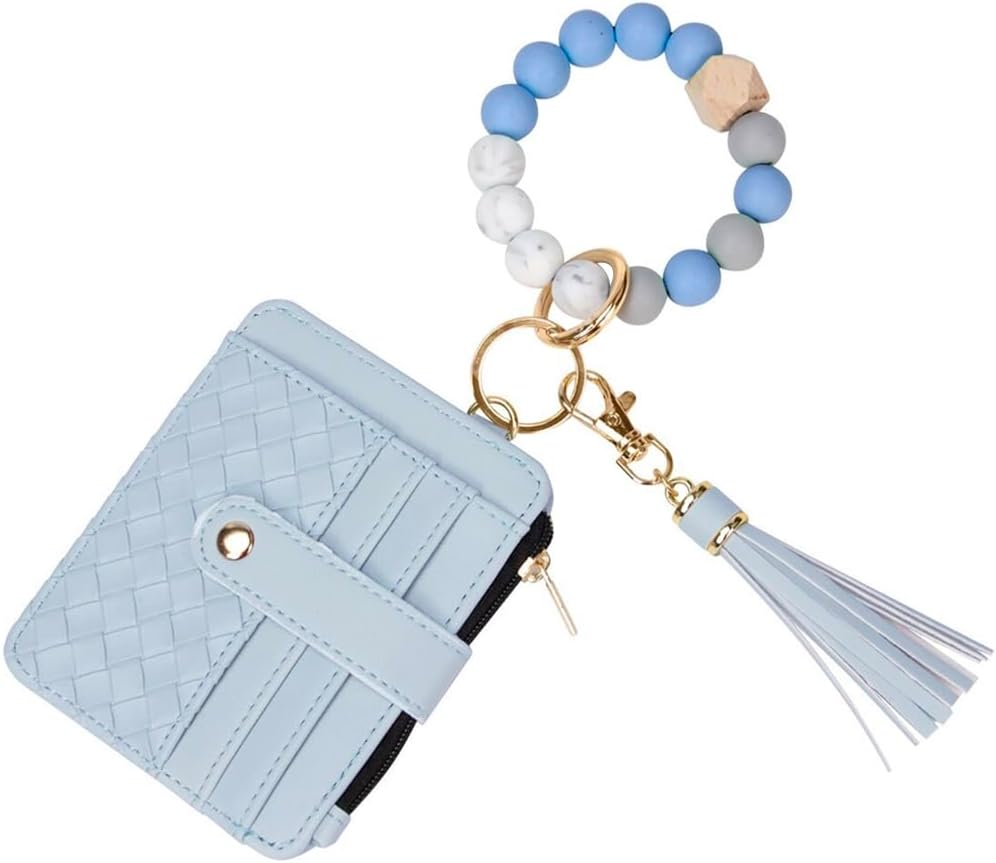 Wristlet Bracelet Keychain Credit Card Holder Purse,Rfid Blocking Zip Slim Wallet,Silicone Bead Tassel Key Ring for Women, Purple, One Size, Keychain Wallet with Bracelet