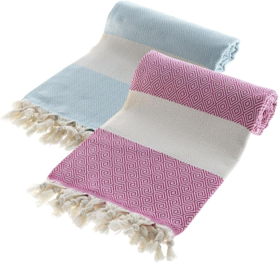 Turkish Peshtemal Towel Set of 2 &ndash; 100% Cotton, Fast Drying, Lightweight Hammam Towels &ndash; Beach, Spa, Bathroom, Travel &ndash; Soft and Absorbent Towel Varieties (Beige & Nefti Green)