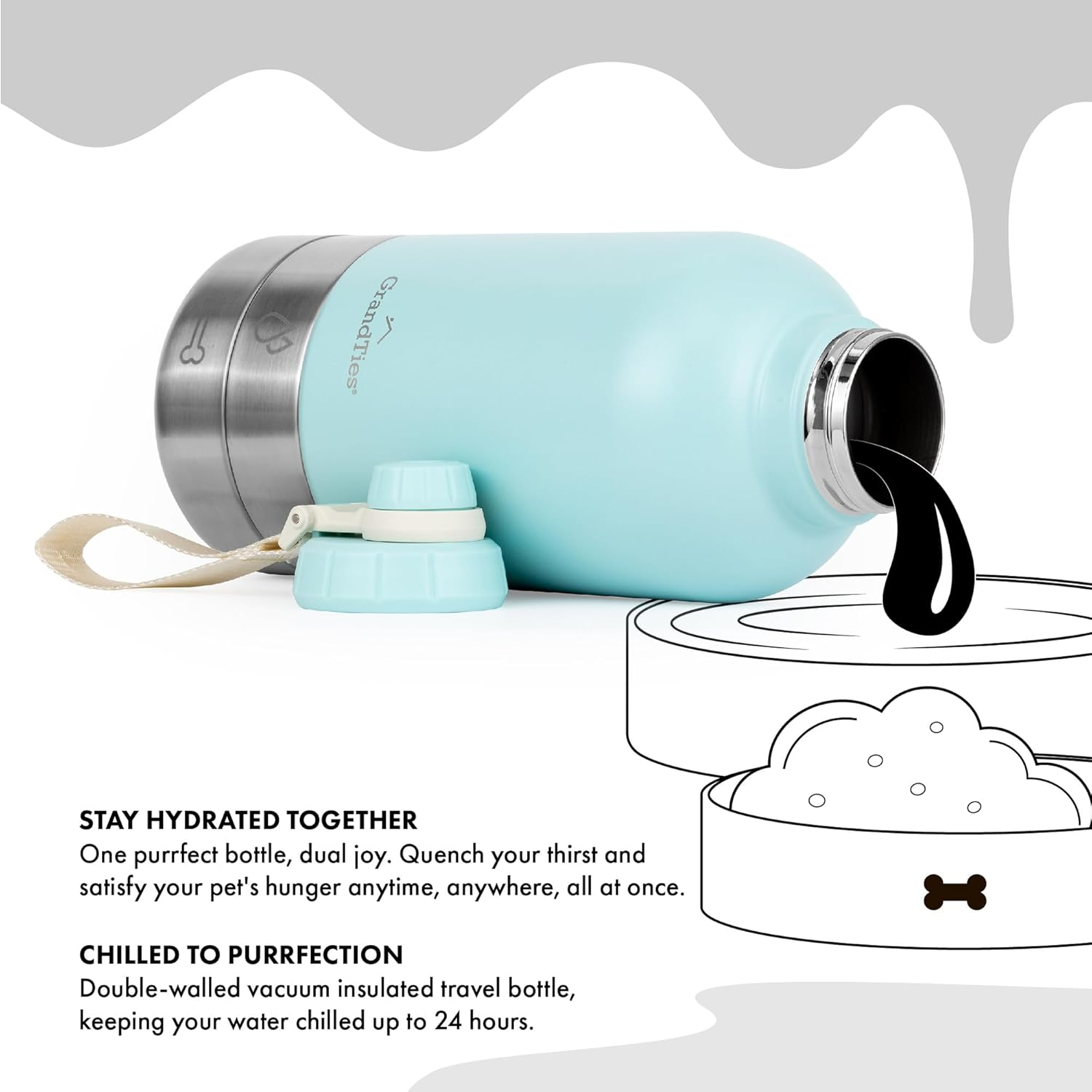 Grandties Insulated Portable Water Bottle with 2 Detachable Dog Bowls, Leak-Proof Pet Water Food Feeder Dispenser, Pet Travel Outdoor Accessory Stainless Steel Storage Container - Blue, 64Oz (1890Ml) image number 3