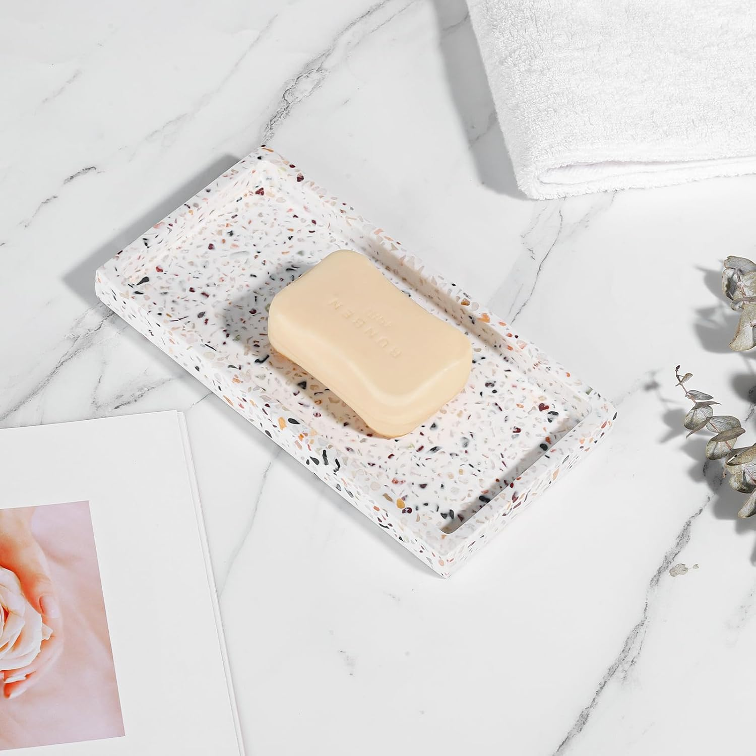 Luxspire Rectangular Non-Slip Resin Bathroom Tray Decorative Tray for Home, Living Room and Bedroom, for Jewelry, Candles and Soap, Size 20 X 10 X 1.8 Cm, Terrazzo image number 5